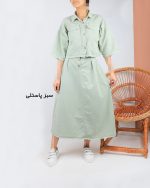 ست نیم تنه دامن زنانه کتان سبز پاستیلی