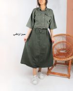 ست نیم تنه دامن زنانه کتان سبز ارتشی